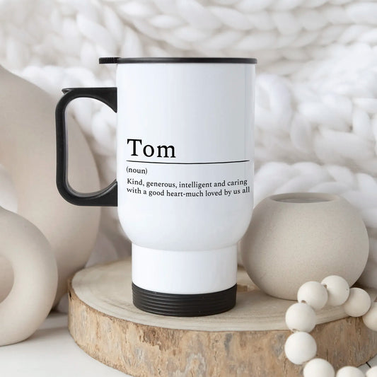 Personalised travel mug with custom name and text
